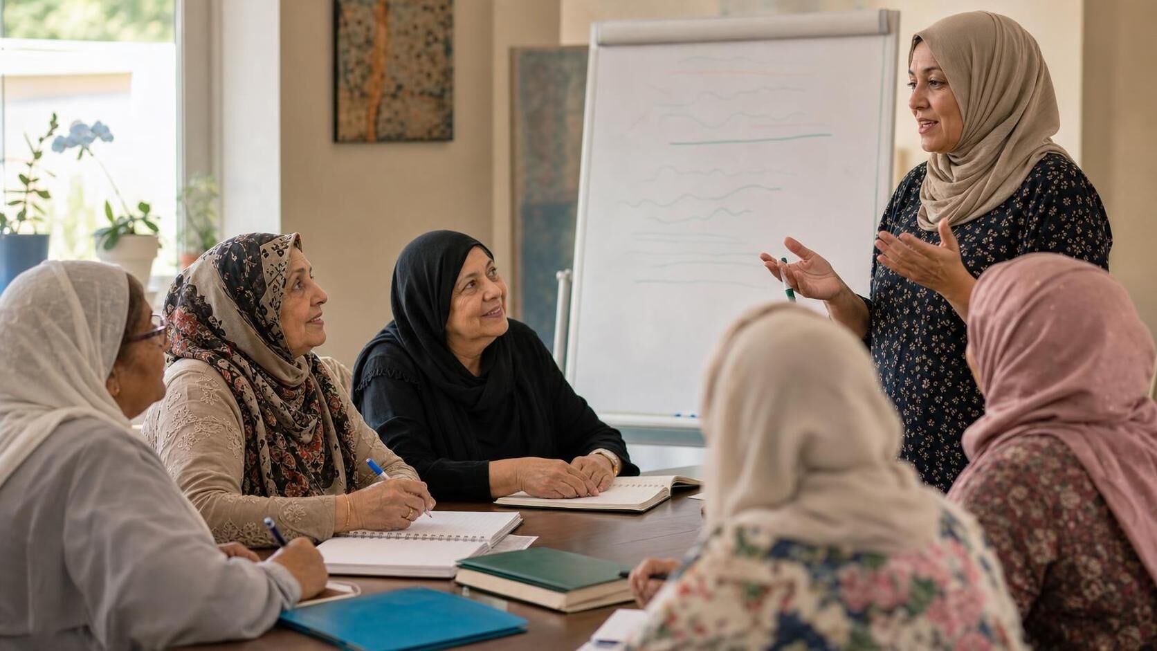 Senior women learning English together in an ESL class at the community center