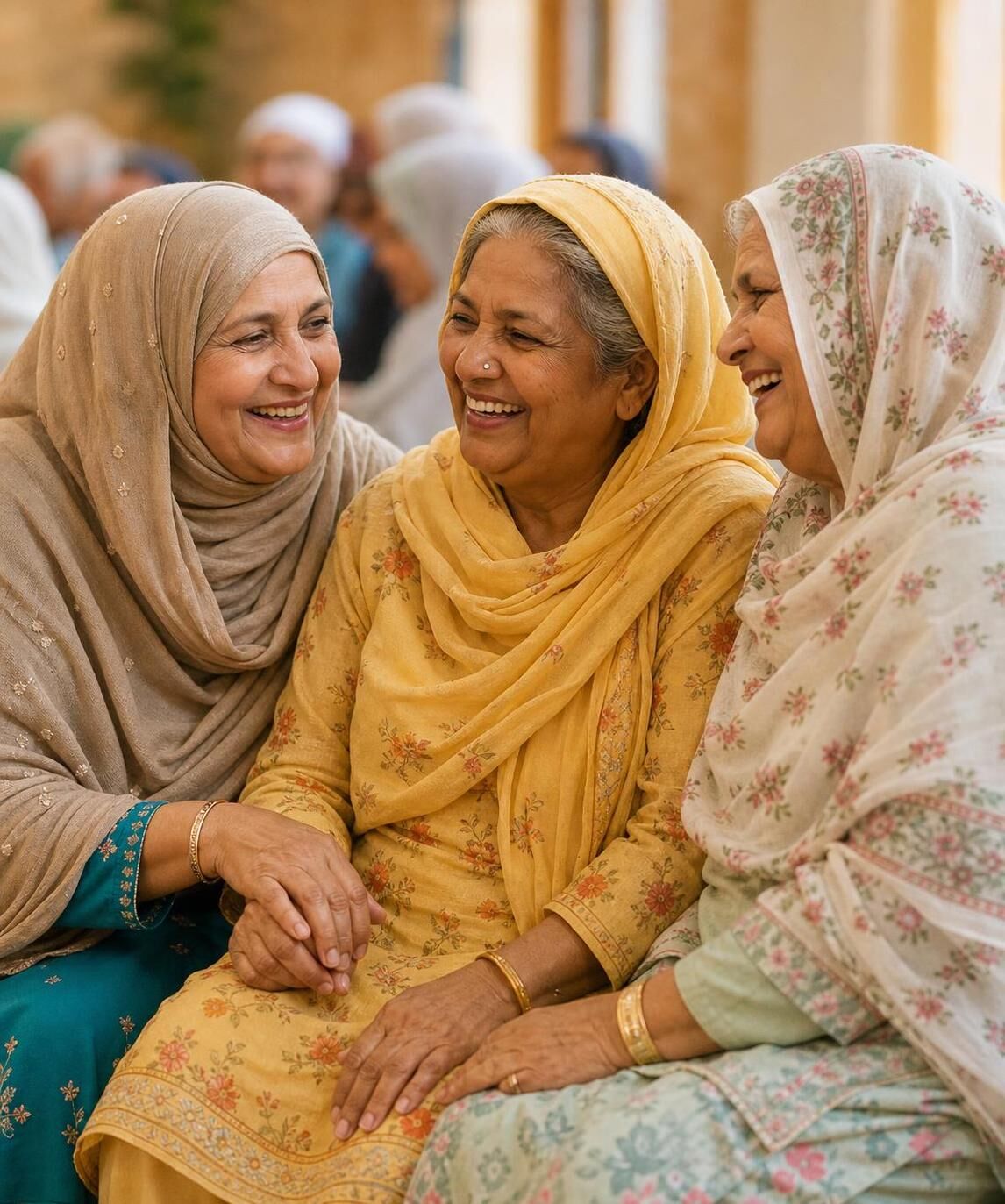 Three smiling senior women from the Senior Muslim Society of Greater Houston sharing a warm moment together