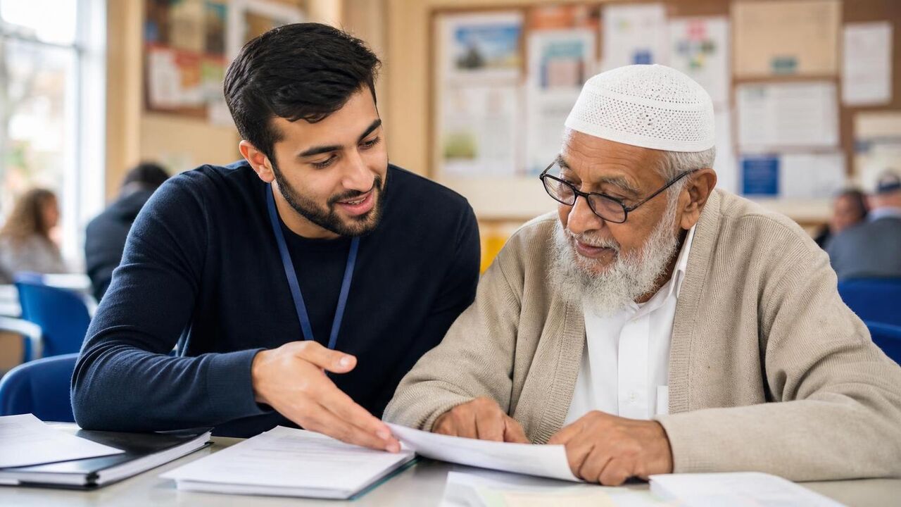 A volunteer helping a senior with legal paperwork